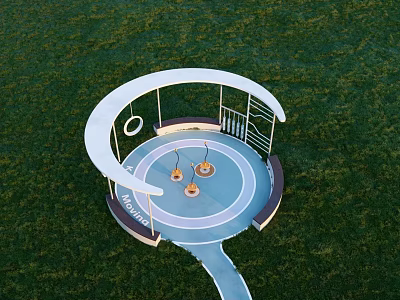 Children's Play Area With Circular Canopy Swings Green Grass And Pathway 3d model