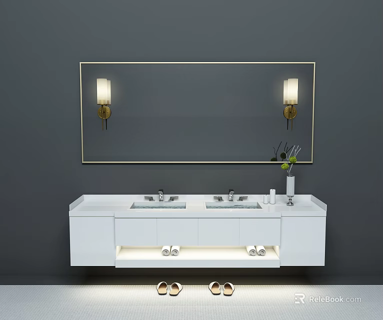 White Bathroom Vanity With Double Sinks Large Mirror Wall Lights And Storage Shelves 3d model