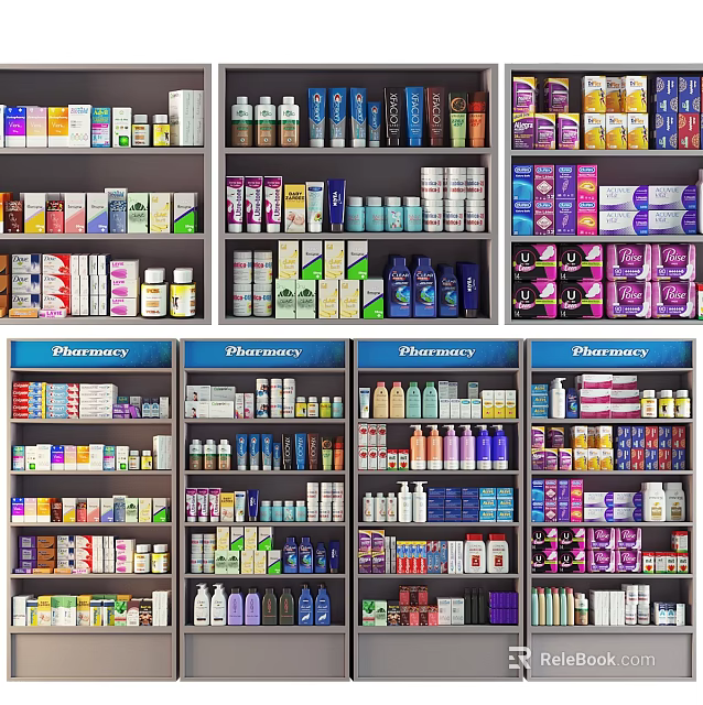 Organized Daily Necessities on Pharmacy Shelves Featuring Various Bottles and Boxes 3d model 