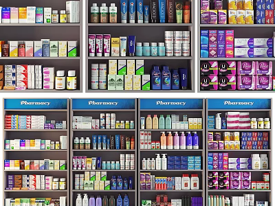Organized Daily Necessities on Pharmacy Shelves Featuring Various Bottles and Boxes 3d model