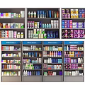 Organized Daily Necessities on Pharmacy Shelves Featuring Various Bottles and Boxes