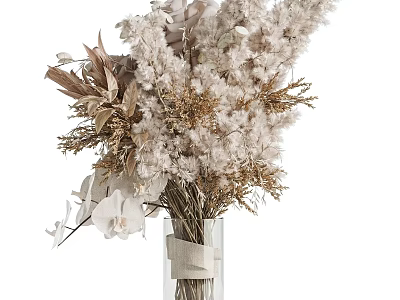 Minimalist Glass Vase With Dried White And Gold Flowers And Decorative Foliage 3d model