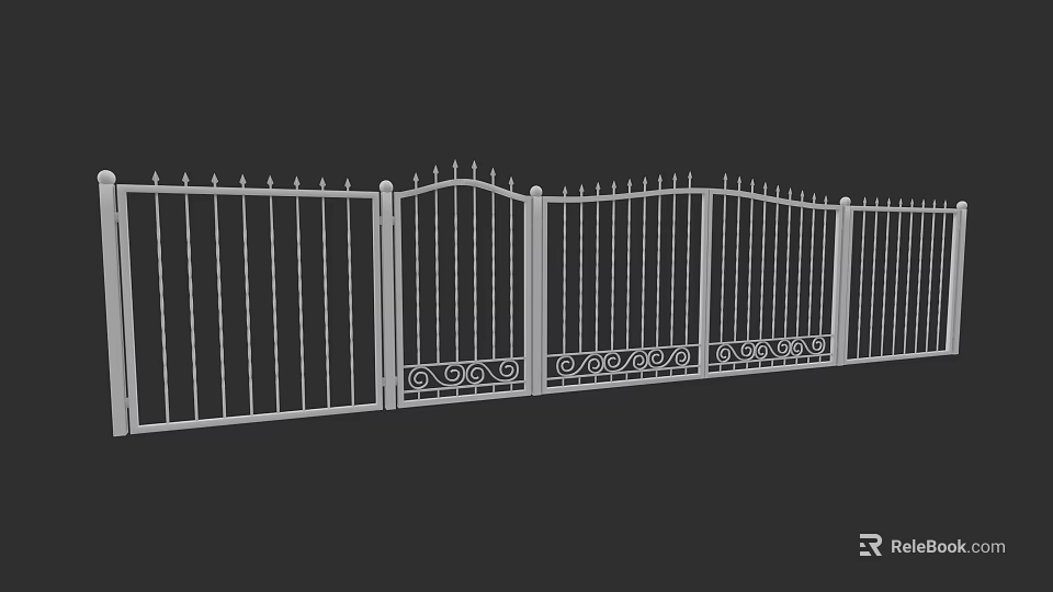 White Residential Fence with Gate Spiked Top and Ornate Decorative Patterns 3d model 