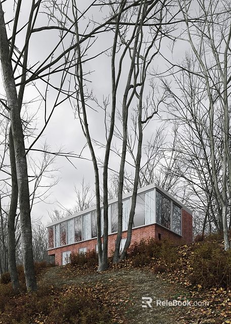 Detached Villa Among Bare Trees With Red Brick And Large Glass Windows Under Overcast Sky 3d model 