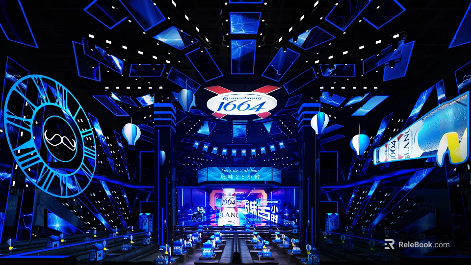 Stylish Modern Bar Interior With Blue Lighting 1664 Logo Stage Tables And Ceiling Design 3d model 