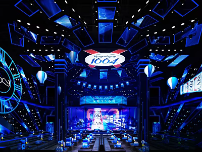 Stylish Modern Bar Interior With Blue Lighting 1664 Logo Stage Tables And Ceiling Design 3d model