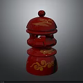 Traditional Chinese Red Multi Layered Decorative Furniture Piece With Dome Top And Yellow Patterns