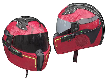 Two Red Modern Helmets With Transparent Visor And Black Yellow Accents 3d model