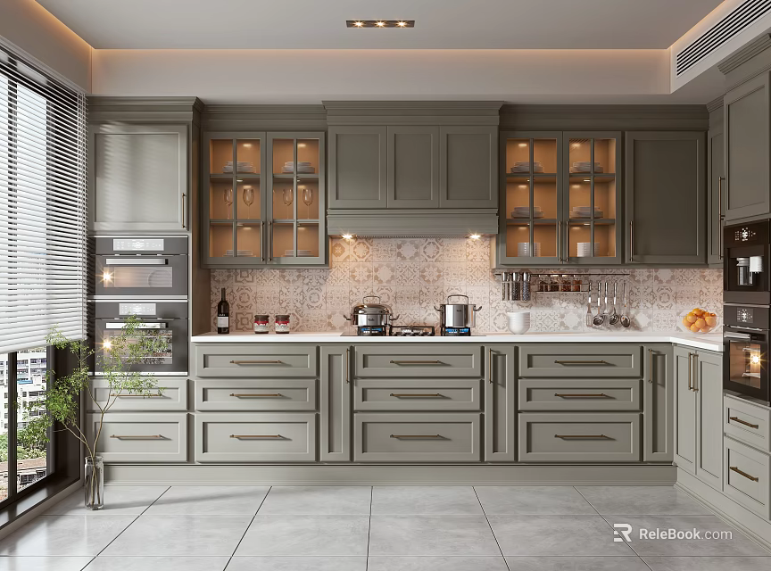 Modern Gray Kitchen With Glass Door Cabinets Countertop And Appliances 3d model 