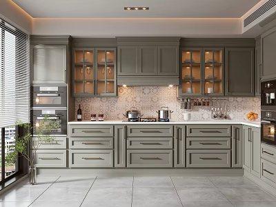 Modern Gray Kitchen With Glass Door Cabinets Countertop And Appliances 3d model