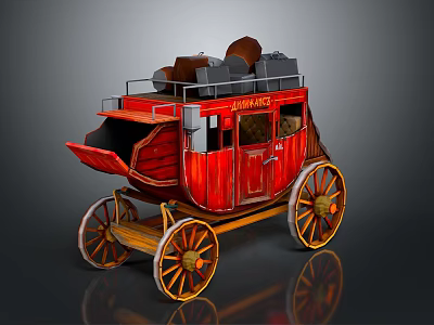Red Vintage Stagecoach With Wooden Structure Large Wheels And Luggage On Top 3d model