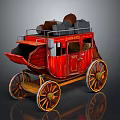 Red Vintage Stagecoach With Wooden Structure Large Wheels And Luggage On Top