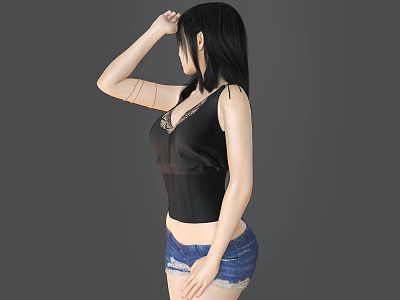 Back View Of Woman In Black Camisole And Denim Shorts Touching Hair Against Gray Background 3d model