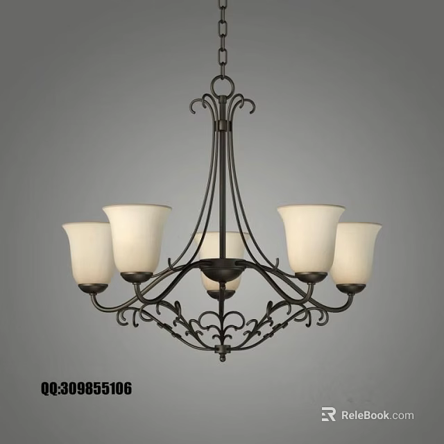 Five Light Classic Iron Chandelier with White Frosted Glass Shades and Intricate Scrollwork 3d model 