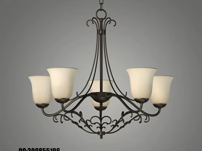 Five Light Classic Iron Chandelier with White Frosted Glass Shades and Intricate Scrollwork 3d model