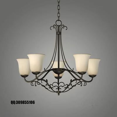Five Light Classic Iron Chandelier with White Frosted Glass Shades and Intricate Scrollwork 3d model