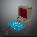 Retro Computer With Red Screen Displaying FATE Blue CD Player And Black Game Controller