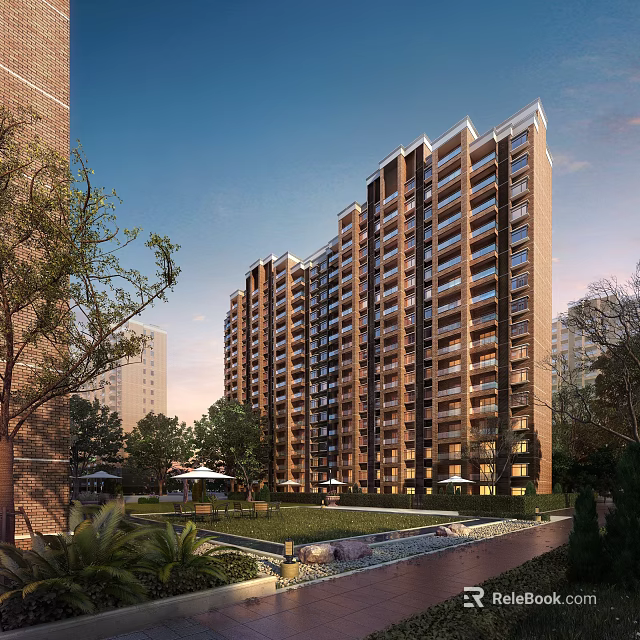 Modern High Rise Residential Building Surrounded by Green Lawn Trees and Illuminated Windows 3d model 