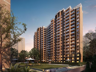 Modern High Rise Residential Building Surrounded by Green Lawn Trees and Illuminated Windows 3d model