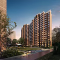 Modern High Rise Residential Building Surrounded by Green Lawn Trees and Illuminated Windows