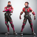 Sci Fi Armored Characters in Red Black Combat Suits Different Standing Poses 3d model