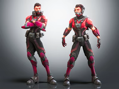 Sci Fi Armored Characters in Red Black Combat Suits Different Standing Poses 3d model