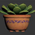 Succulent Plant With Green Plump Leaves In Orange Pot With Purple Geometric Patterns