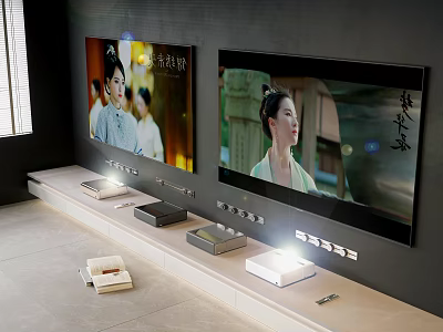 Modern Living Room Interior With Two Wall Mounted TVs And Entertainment Setup 3d model