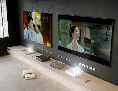 Modern Living Room Interior With Two Wall Mounted TVs And Entertainment Setup 3d model