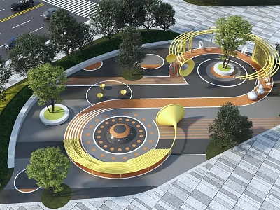 Modern Kids Play Area Design With Circular Yellow Structures Trees And Interactive Zones 3d model