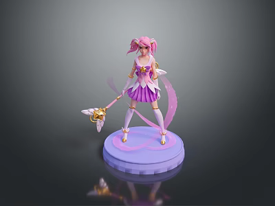 Woman Figure With Pink Hair Purple Dress Wings And Golden Weapon On Purple Base 3d model