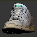 White Classic Sneakers With Green Logo Accents And Distressed Worn Vintage Design Details