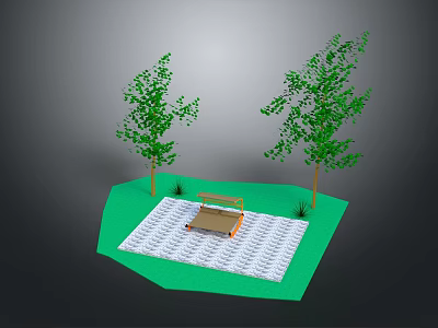 Charming Cartoon Scene Featuring Green Grass Two Trees And Wooden Bench On Checkerboard Floor 3d model