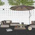 Outdoor Sofa With Umbrella Coffee Table Green Plants Flowers Geometric Wall Tile Floor