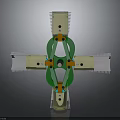 Cross Shaped Mechanical Structure With Green Circular Components And Metallic Arms Design 3d model