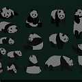 Cute Panda Wall Decor With Multiple Various Poses On Green Background 3d model