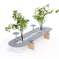 Modern Outdoor Chair Bench With Curved Concrete Surface Wooden Legs Small Tables Trees And Pebbles