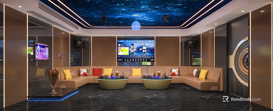 Stylish KTV Lounge Interior With Starry Sky Ceiling Large Screen Comfortable Sofas And Coffee Tables 3d model 