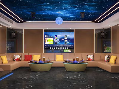 Stylish KTV Lounge Interior With Starry Sky Ceiling Large Screen Comfortable Sofas And Coffee Tables 3d model