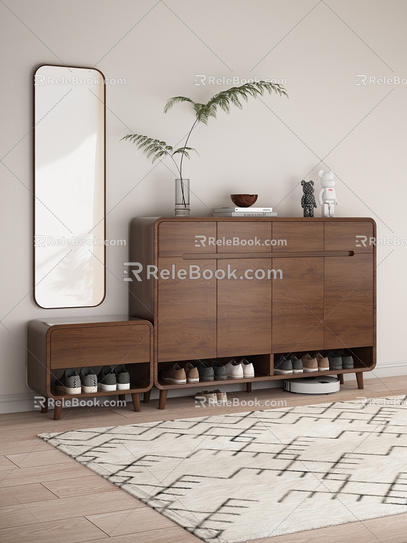 Entrance Shoe Cabinet Solid Wood Shoe Cabinet Entrance Shoe Cabinet Solid Wood Shoe Changing Stool Dress Mirror 3d model