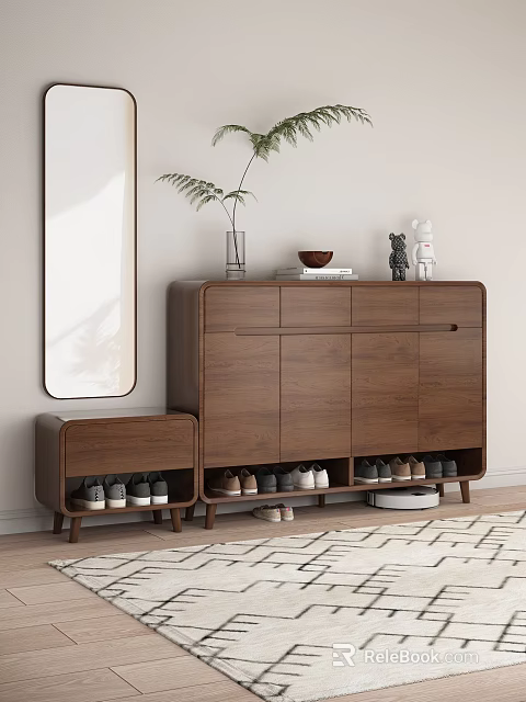 Modern Wooden Shoe Cabinet Design With Small Low Cabinet Storing Multiple Shoes And Wall Mirror 3d model 