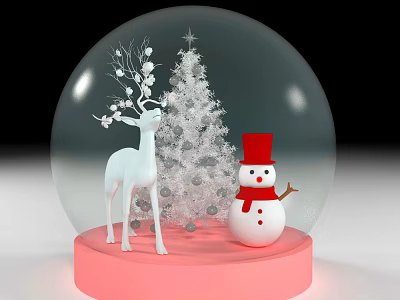 Decorative Ornament Set Featuring Snow Globe with Reindeer Christmas Tree and Snowman on Pink Base 3d model