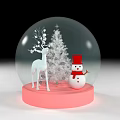 Decorative Ornament Set Featuring Snow Globe with Reindeer Christmas Tree and Snowman on Pink Base