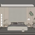 Serene Modern Bedroom Interior With Decorative Headboard Wall And Potted Plants