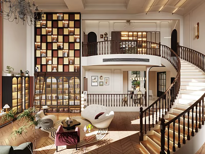 Elegant Duplex Living Room With Curved Staircase And Large Bookcase 3d model