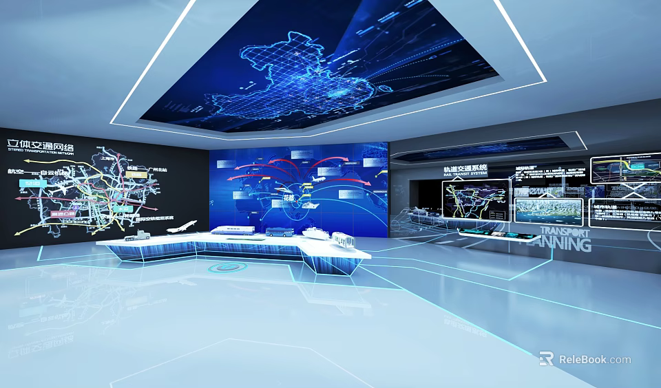Futuristic Blue Technological Exhibition Hall with Large Screens Data Charts Models and Blue Lighting 3d model 