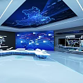 Futuristic Blue Technological Exhibition Hall with Large Screens Data Charts Models and Blue Lighting