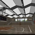 Modern Basketball Gym Interior With Wooden Floor Basketball Hoop Scoreboard Windows And Spectator Seats