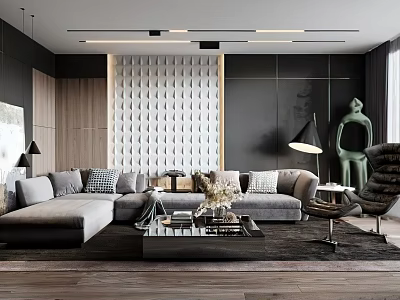 Modern Living Room Interior With Gray Sofa Textured Wall And Sculpture 3d model
