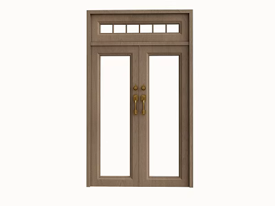 Wooden Front Door With Double Glass Panels Top Window Panes And Golden Handles 3d model